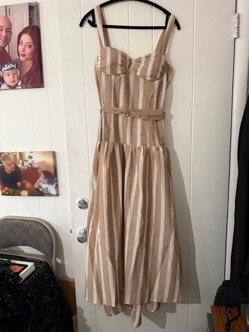 Luxxel Beige & White Striped Midi Dress with Belt